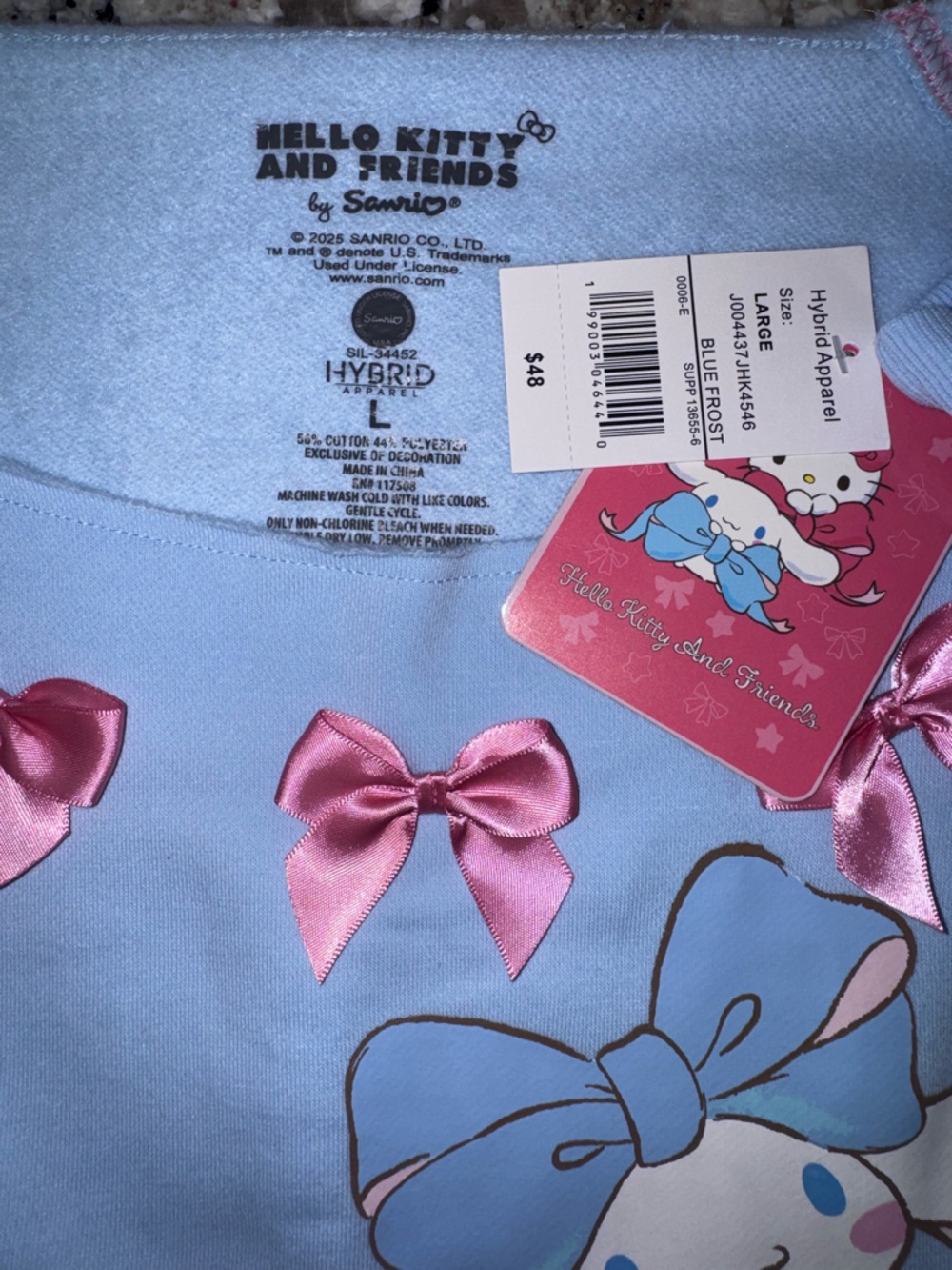 Cinnamorol Bow Embelished Off The Shoulder Round Neck Long Sleeve -Large - Picture 4 of 5